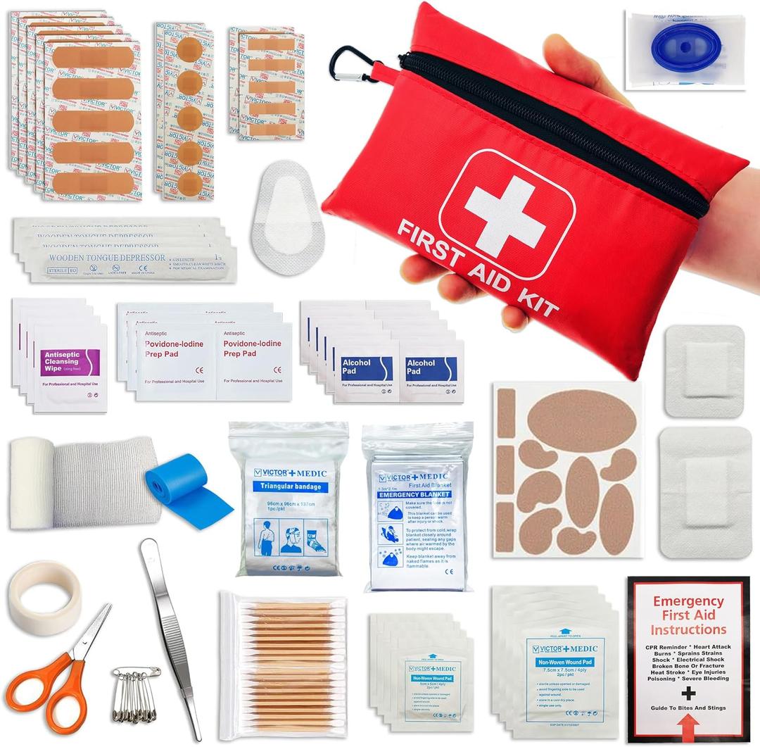 2 x Small Emergency First Aid Kit Including 166 Pieces of Supplies to Clean, Treat, and Protect Minor Injuries for Outdoors, Camping, Auto, Home, and Workplace