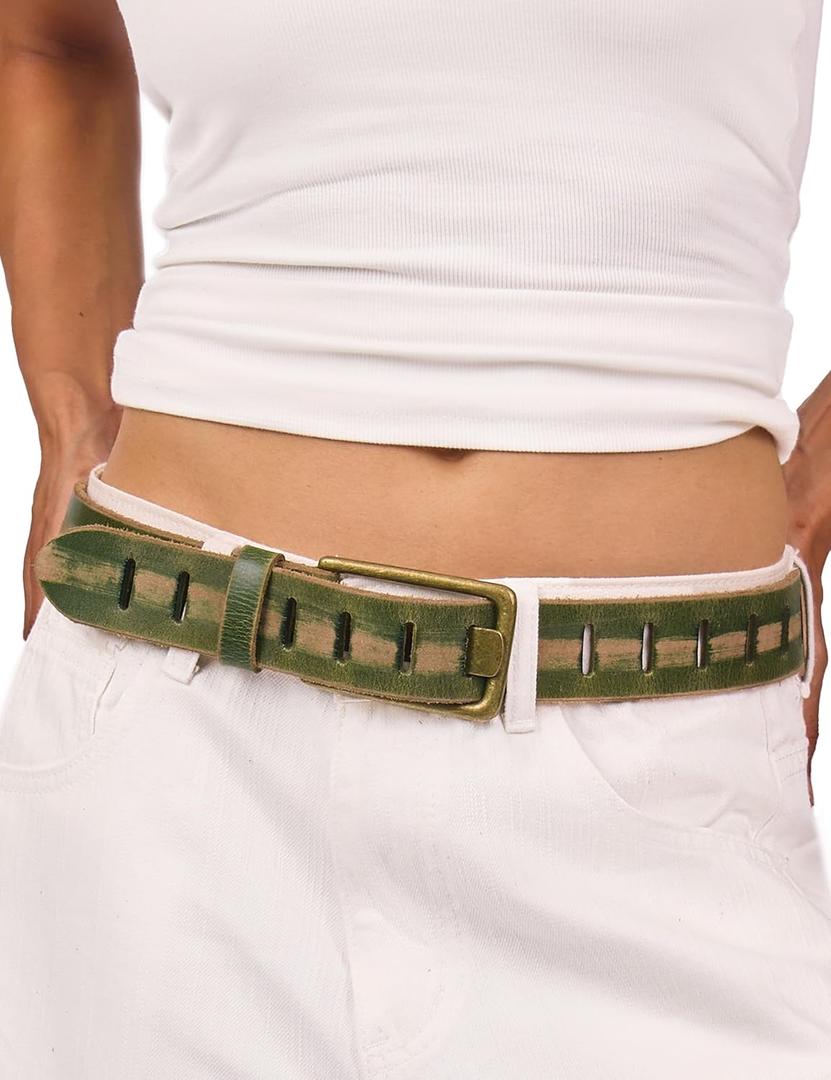 Womens Genuine Leather Belt for Jeans Pants Width 1.57" Western Cowgirl Wide Belts for Ladies with Gift Box (M: Fit for Low Waist 30"-36", Green)