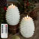 LUSHARBOR Pinecone Flameless Candles with Remote Timer, 2 Pack Real Wax Battery Operated LED Candles for Christmas Decorations, Rustic Holiday Table Centerpieces, Winter Home Dcor White