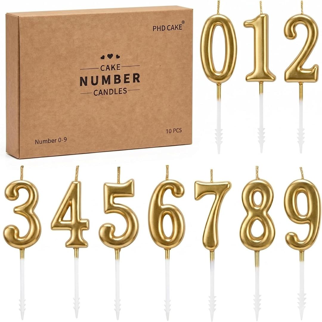 PHD CAKE 7-Pieces Champagne Gold Number Birthday Candles, Cake Numeral Candles Number 0-9 Glitter Cake Topper Decoration for Birthday,Wedding Anniversary,Party Celebration