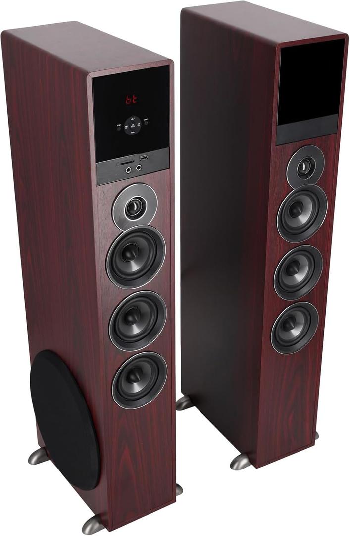 Rockville TM150C Powered Home Theater Tower Speaker System, Cherry Wood, 1000W, 10" Subwoofers, Bluetooth, USB/SD Playback, FM Radio, Remote Control, Karaoke Ready, Perfect for Home Entertainment