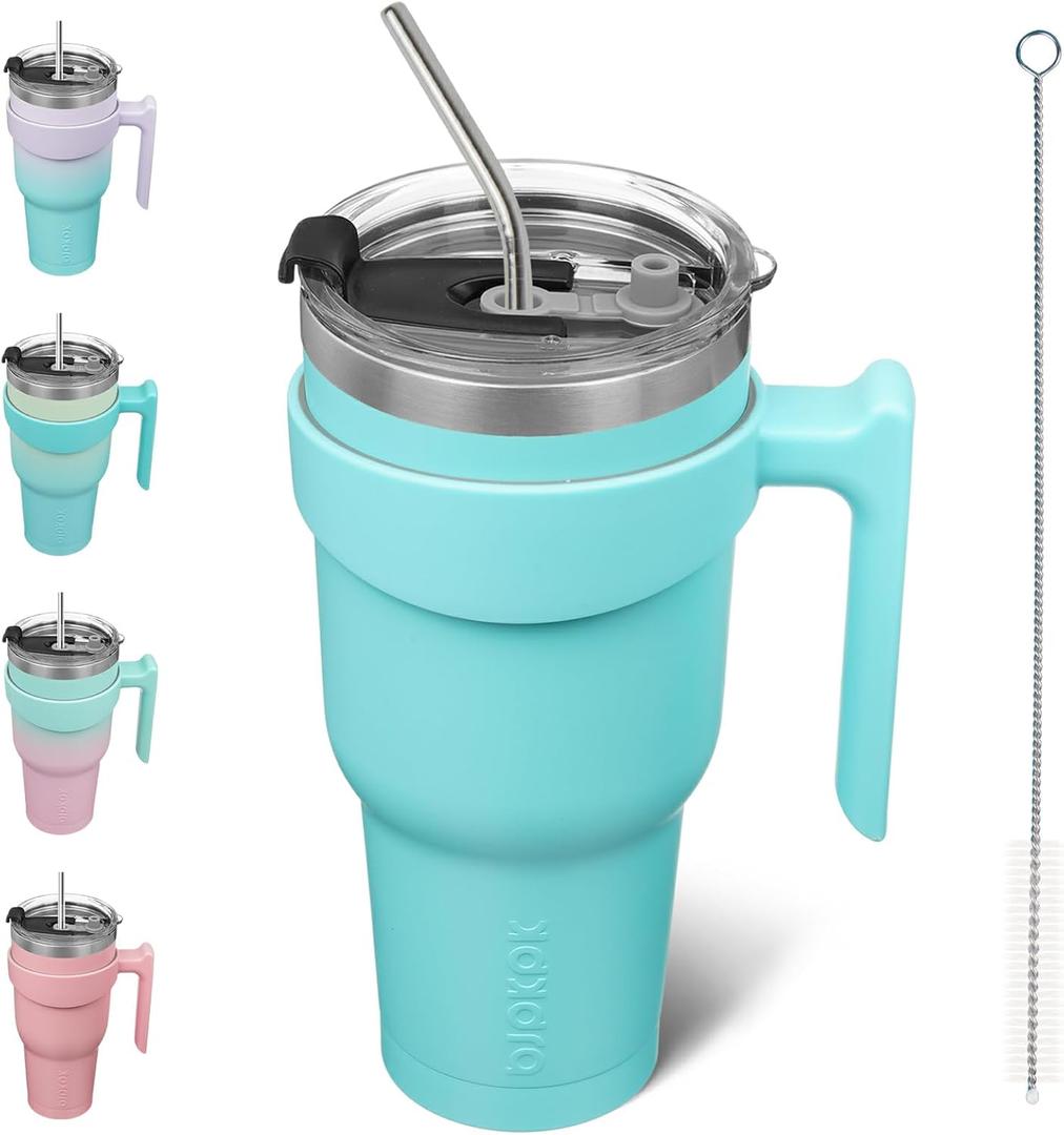 BJPKPK Tumbler With Handle And Straw Lid 40 oz Stainless Steel Insulated Coffee Tumbler Cups For Home, Office or Car,Turquoise (40 Ounces)