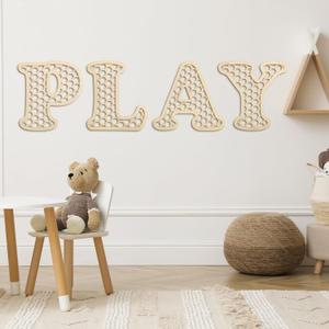 RattanView Playroom Decor 12 in Wooden Rattan Letters Set Playroom Sign Decor Boho Wall Signs Play Wooden Rattan Letters Wall Decors for Art Nursery Room Decorations(Wood Color)
