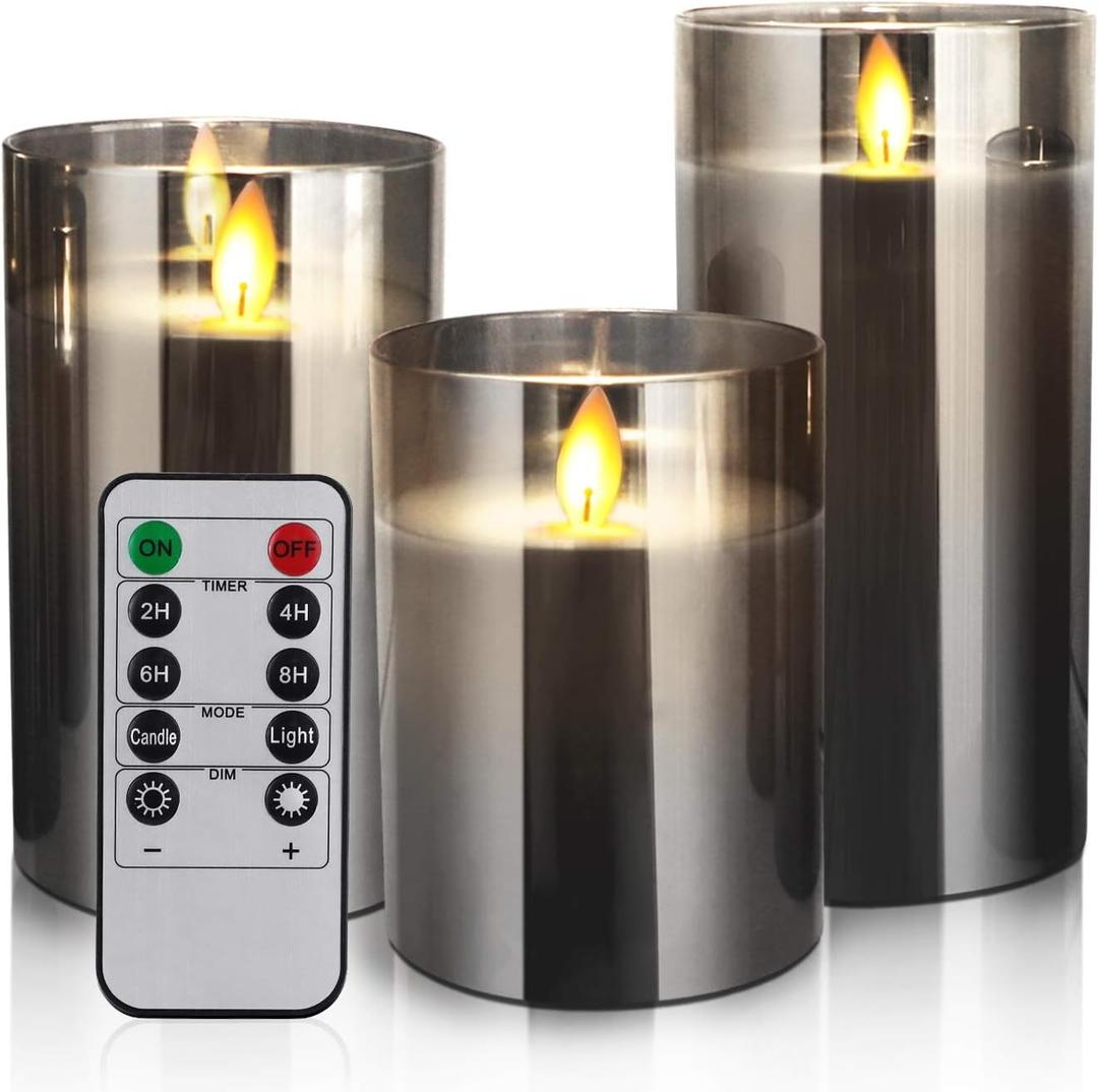 Glass Flameless Candle,Battery Candles Flickering,Battery Operated Candle with Timer Remote, LED Candles Warm Color Flame Light for Festival Wedding Home Decor (Gray)