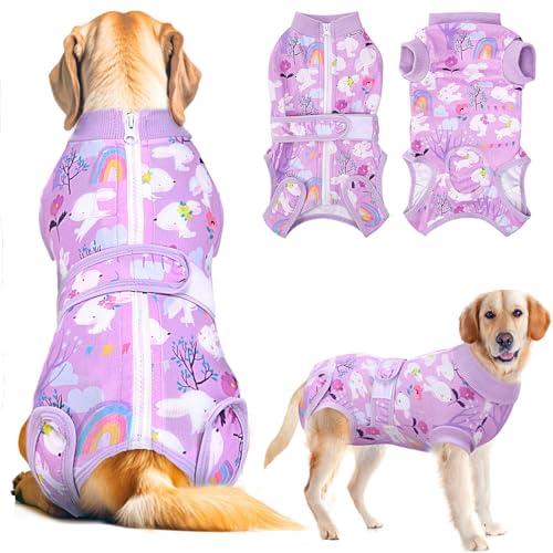 Lukovee Recovery Suit for Dogs, Zipper On Dog Surgery Suit for Female Male Dog, Onesies Bodysuit Prevent Licking Spay Abdominal Wounds Bandages E-Collar Alternative (Purple, L)
