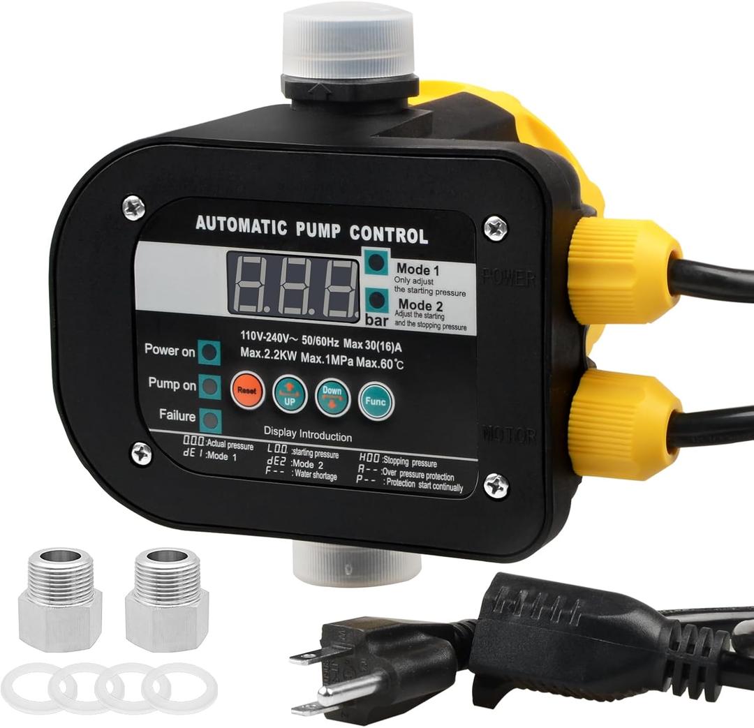Smart Pump Controller with 2 Metal Pump Connector, BSPP G1 Threaded Interface, 2 Modes Digital Display, Adjustable Pressure, High Power, for Home, Garden, Industrial Use