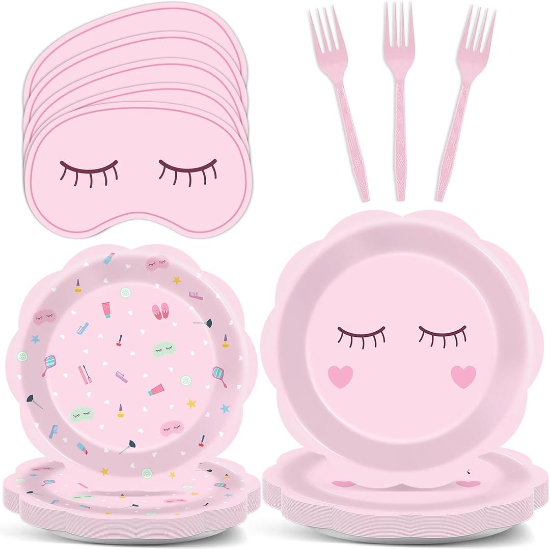 96Pcs Spa Party Decorations Spa Paper Plates Napkins Pink Sleepover Tableware Dinnerware Set Slumber Spa Party Supplies Dinner Dessert Plates for Girls Makeup Birthday Pajama Party Favors Table Decor