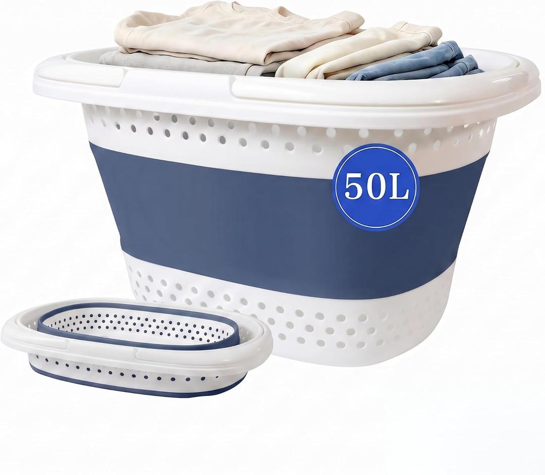 50L Blue Pop Up Storage Laundry Basket Hamper with Handle Collapsible Plastic Foldable Laundry Basket Container Organizer for Washing Storage