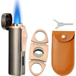 420 Carbon Steel  and Torch Lighter Set, Built-in , Triple Jet Flame Butane Lighter, Refillable Windproof Gas Lighter. Grey. (Sold Without Gas) (Gray)