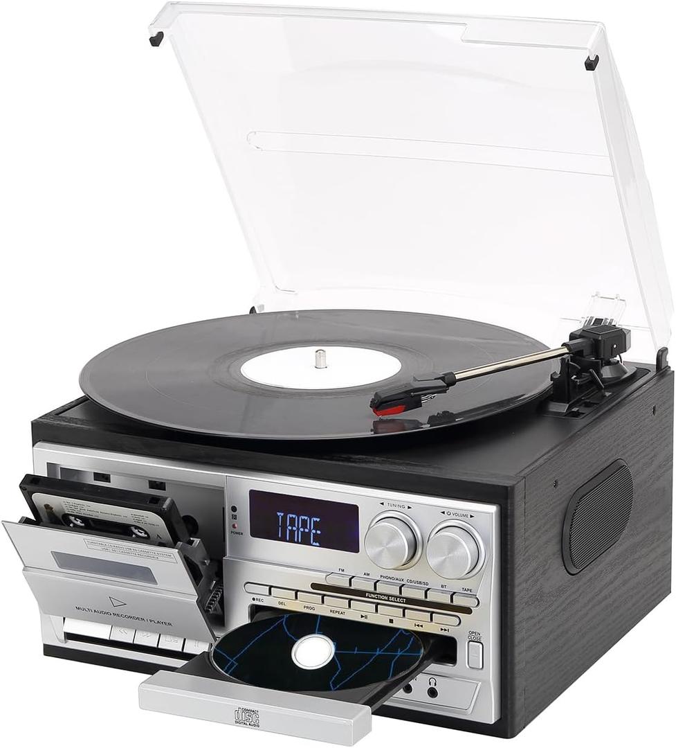 9 in 1 Record Player with 3-Speed Turntable, Bluetooth, AM/FM Radio, USB/SD/MMC, CD/Cassette Playback, Remote Control, Aux Input, and Headphone Jack