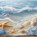 Nautical Coastal Bath Mat Beach Starfish Seashell Blue Flower Ocean Waves Marine Life Modern Microfiber Memory Foam Bathroom Rug Doormat Kitchen Toilet Floor Rug (17.8x29.5Inch(45x75cm))