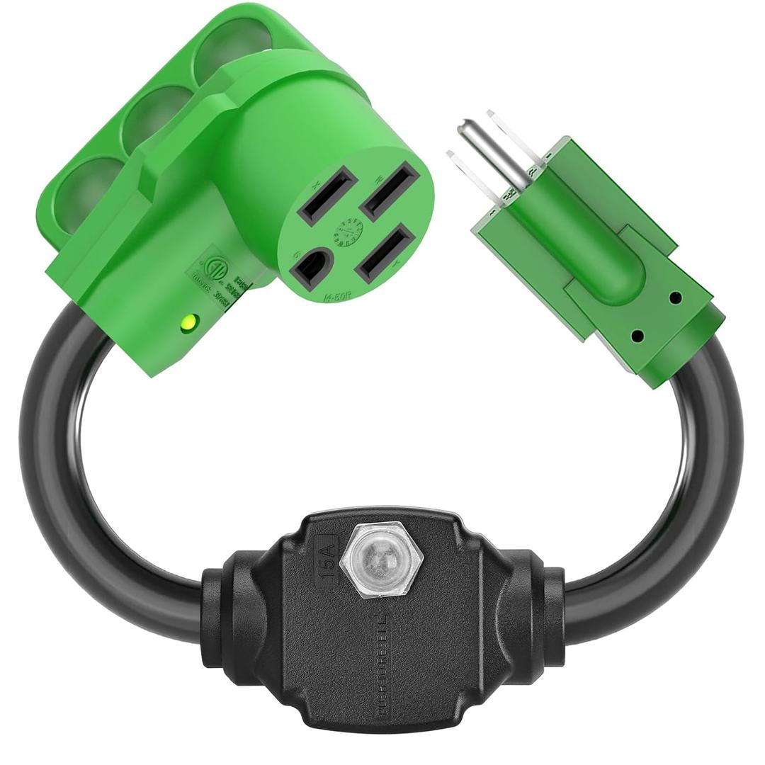 RVGUARD Overload Protector 50 Amp to 110 Volt RV Adapter Cord with Circuit Breaker, NEMA 5-15P to NEMA 14-50R Electrical Power Adapter with LED Power Indicator, 18 Inch, Green, ETL Listed