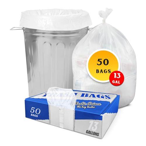 PLASTIC PRINCE 13 Gallon Trash Bags, 12-16 Gallon Black Kitchen Bags, 1.3 Mil, Heavy Duty, Fits Round and Square 12-16 gal Trash Cans, 24" x 31" Garbage Trash Can Liners (50 Pack, White)
