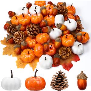 Yookeer 120pcs Thanksgiving Mini Pumpkins Artificial Acorns Pine Cones for Decorating Fall Vase Filler Thanksgiving Table Centerpiece Small Fake Props Bulk for Autumn Harvest DIY Craft(Lovely Color)