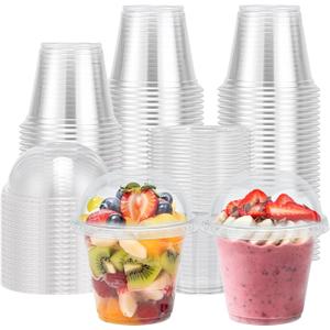 Lamosi 100 Pack 9 oz Clear Plastic Cups with Lids, Disposable Cups with No Hole Dome Lids, Ideal for Ice Cream, Cold Drinks, Fruit, Dessert, Yogurt Parfait