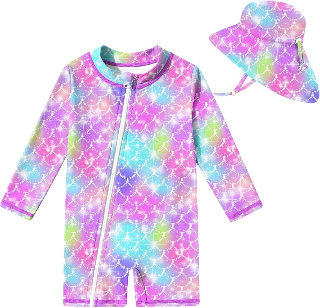 UNIFACO Infant Baby Girl Swimsuit Full Zipper Bathing Suit with Sun Hat UPF 50+ Long Sleeve Rash Guar Swim Suit (9-12 Months)