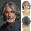 Mens Grey Wig Short Wavy Bob Wig Synthetic Cosplay Party Replacement Hair Wig