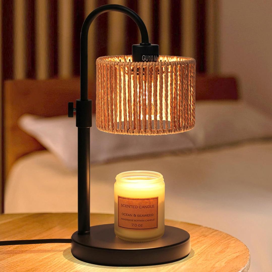 Boho Candle Warmer Lamp, Adjustable Height Candle Wax Warmer with Timer, Candle Lamp Warmer for Jar Candles, House Warming Gifts Brithday Gifts for Women Bedroom Home Decor (Rattan)