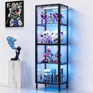 COPREE Glass Display Cabinet with 3-Color LED Light 4-Tier Case4-Tier Display Case with Clear Acrylic Door & Shelves, Matte Black Metal Frame & Leveling Feet for Collectibles & Lego, 12.8"D x 16.5"W x 52.7"H