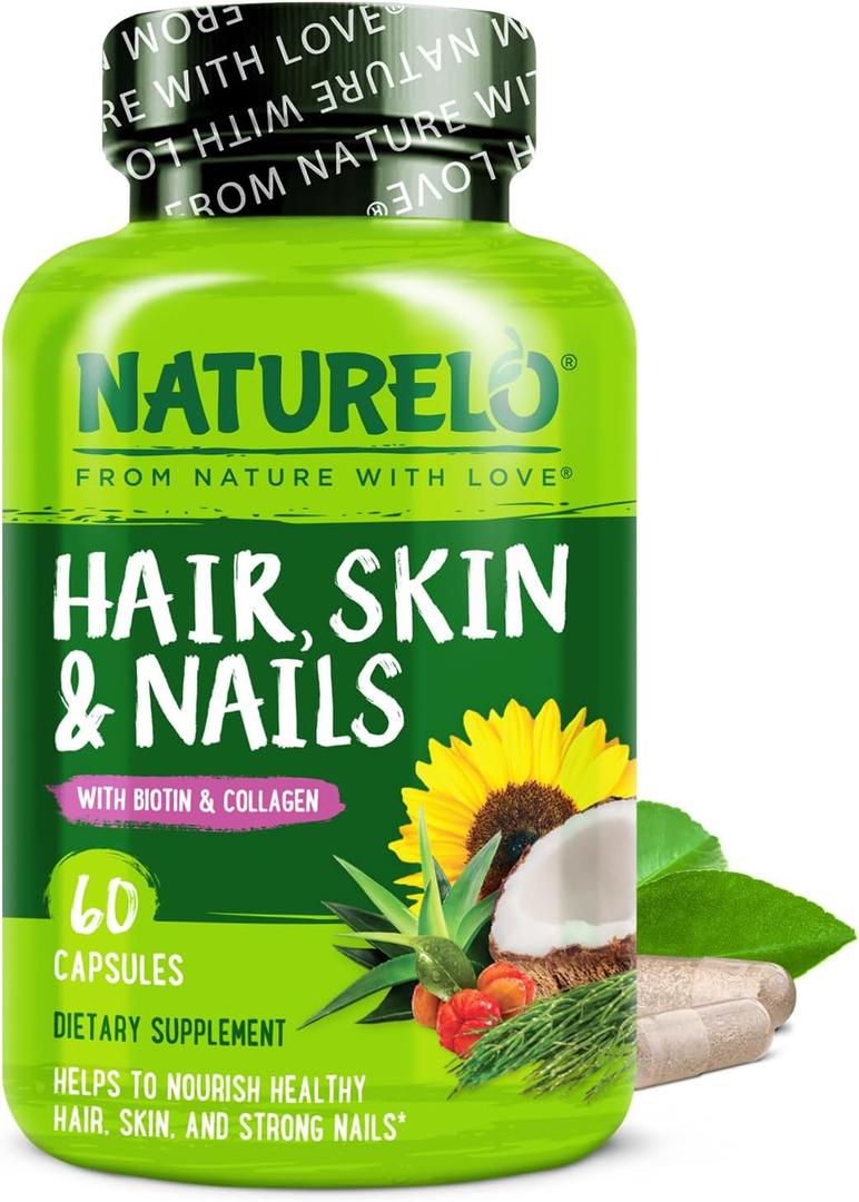 NATURELO Hair, Skin and Nails Vitamins - 5000 mcg Biotin, Collagen, Natural Vitamin E - Supplement for Healthy Skin, Hair Growth for Women and Men  60 Capsules (60 Count (Pack of 1))