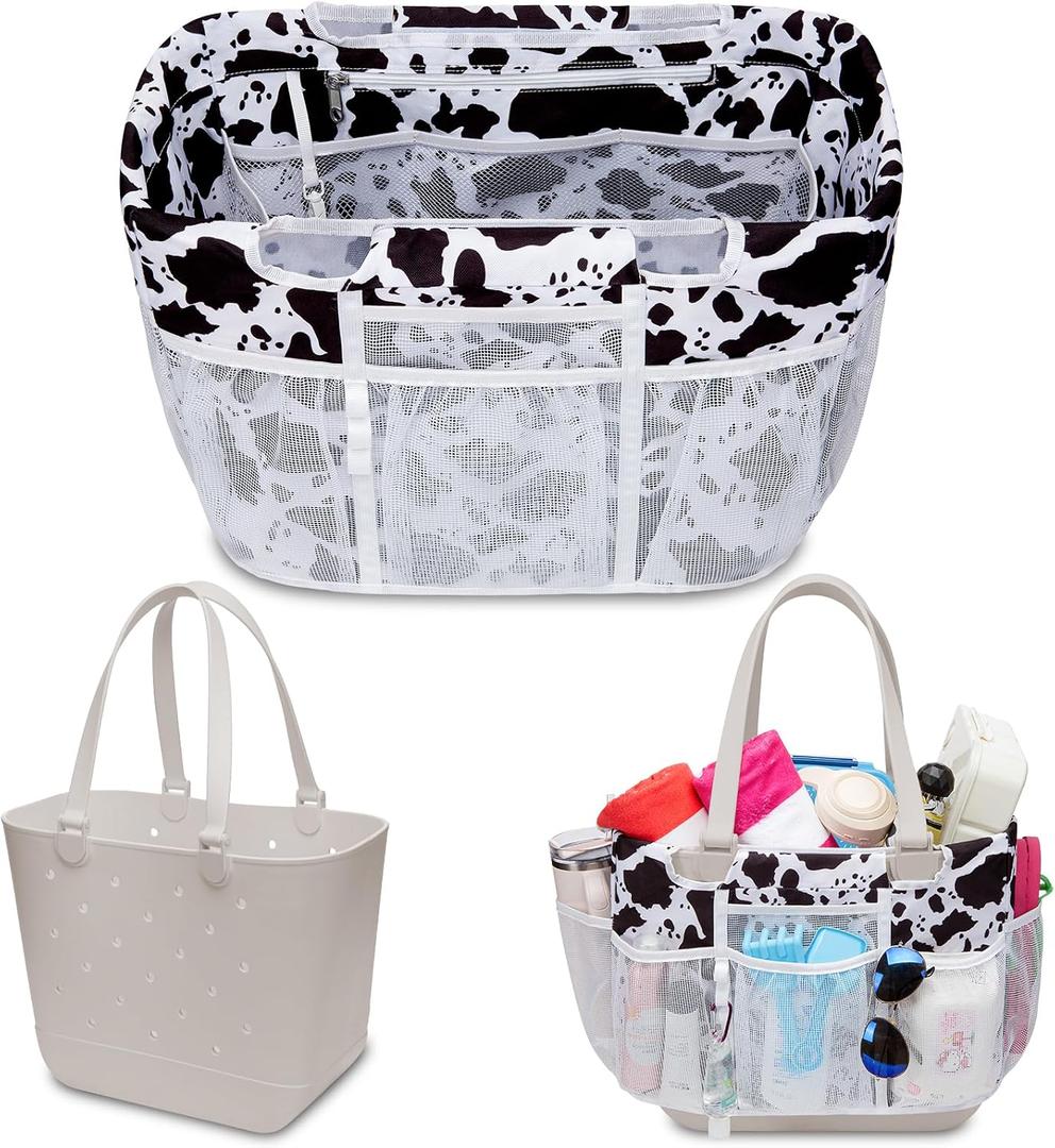 2 x Nyton Organizer Insert for Original Large Bogg Bag Cover Beach Liner for XL Bogg Storage Separator with Mesh Pocket Sport Mom (BLACK WHITE COW, XL for Simple Modern, 1 Organizer Insert)