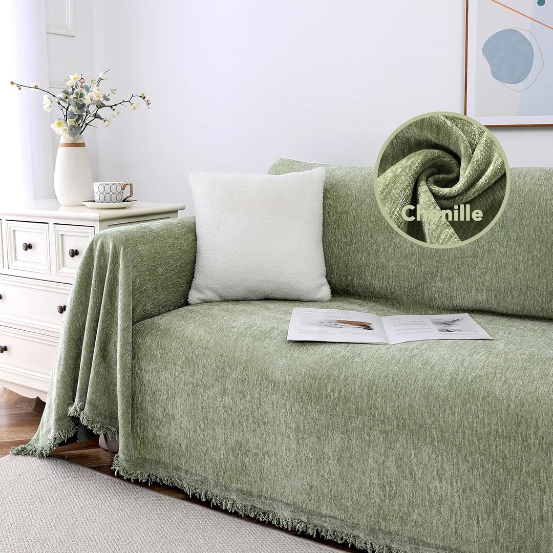 H.VERSAILTEX Couch Cover for Dogs Chenille Sofa Cover for Sectional Couch Cover Durable Furniture Cover Washable Couch Protector for 3 Cushion Couch Modern Living Room Decor, 71"x 150", Green