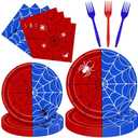 100 Pcs Spider Web Tableware Party Supplies – Disposable Red and Blue Web Paper Plates, Napkins, and Forks for Superhero Birthdays, Kids Parties, and Comic Theme Celebrations – Serves 25