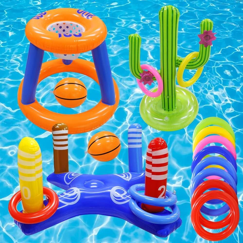 2 x  Pool Toys Games Set,Pool Basketball Hoop Inflatable Cross Ring Toss Game and Inflatable Cactus Kids for Teens Adults and Family (Basketball Hoop Only)