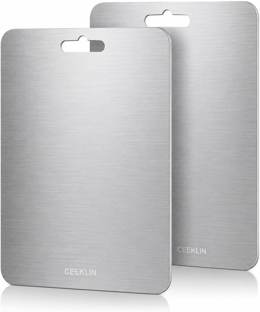 Stainless Steel Cutting Board Set of 2 Double-Sided Metal Chopping Boards for Kitchen, Meat, Vegetables & Fruits Durable, Easy to Clean, Non-Porous Food Prep Boards
