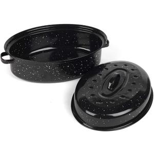 16 Inch Roasting Pan with Lid - Covered Oval Roaster - Enamel Carbon Steel Roaster Pot - Excellent Heat Distribution and Non-sticky - for Turkey Chicken Meat & Vegetables -Birthday and Holiday gifts