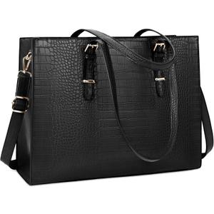 Laptop Bag for Women 15.6 Inch Crocodile Leather Tote Bag Water-resistant Work Briefcase Business Computer Shoulder Bag for Travel Teacher Nurse Professional Handbag,Black