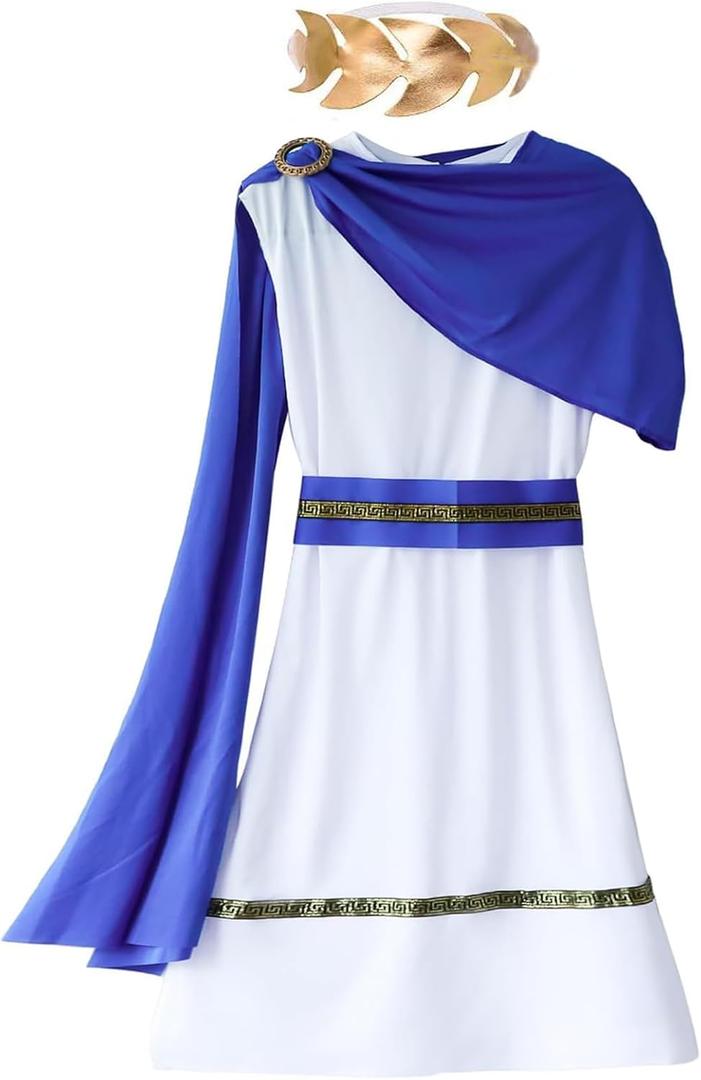 Greek Toga Costume for Kid Ancient Grecian Mythos Philosopher Rome Nobility Halloween Cosplay Outifit for Boys (8-12 Years, Blue)