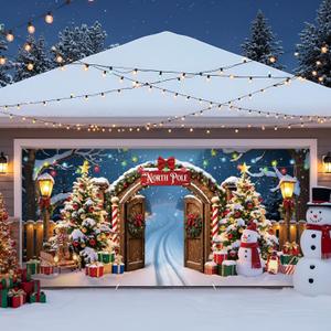 HunnmingRe Christmas Door Banner Decoration 13 x 6 Ft Magnetic Garage Door Covers Large Christmas Backdrop Decorations for Outdoor Indoor Xmas Party (the North Pole)