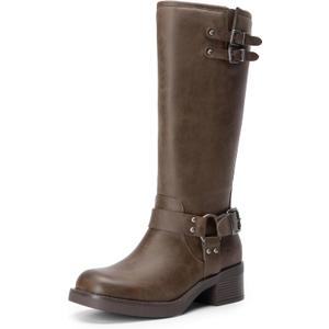 DREAM PAIRS Women's Knee High Boots Side Zipper Motorcycle Boots Square Toe Chunky Low Heel Fashion Buckles Biker Riding Boots (8.5, Brown-nubuck)