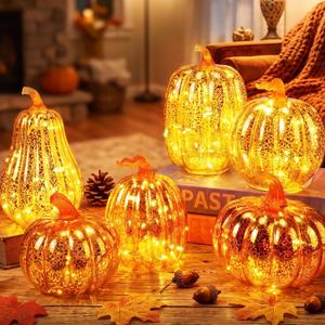 Glooglitter 6 Pack Light Up Glass Pumpkin with Timer Fall Decor, Gold