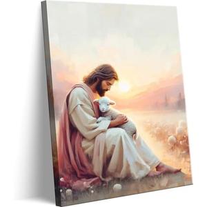 Jesus and Lamb Canvas Wall Art Christian Shepherds Save the Lamb Pictures Wall Decor Jesus Leaves The 99 Sheep Posters Prints for Bedroom Living Room Church Home Decoration 16x24in