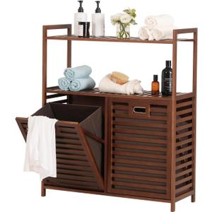Baveke Bamboo Tilt Out Laundry Hamper with 2 Tier Shelves, Hidden Laundry Hampers with 2 Removable Bags, Pull Out Laundry Hamper Cabinet, Bathroom Storage Shelf for Laundry Room, FSC-Certified, Brown