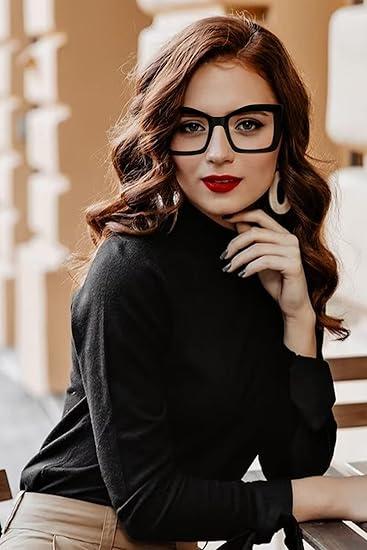 REAVEE Oversized Square Reading Glasses for Women, Blue Light Blocking Large Frame Computer Readers Spring Hinge 2.0x