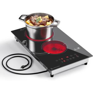 AMZCHEF 2-Burner-Electric-Cooktop-Electric-Stove, 12 inch Plug in Stove Top 110V-120V, 2 Burner Hot Plate with 1800W & 9 Power Levels, Residual Heat Indicator, Over-Temperature Protection