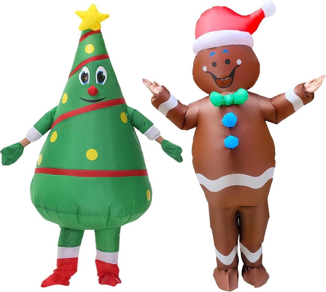 2 Packs Inflatable Christmas Costume Cosplay Blow-up Costume for Adults/Halloween/Christmas Party (Christmas Tree/Gingerbread Man)