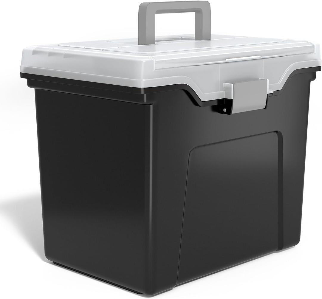 ack of 4STAPLES File Folder Tote, Portable Filing Box, Holds Letter Size Hanging Folders, Security Latch & Built-In Lid Organizer, Black/Clear, 