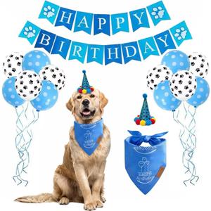 Dog Birthday Set - Premium Durable Adjustable Fabric Dog Bandana + Birthday Hat + Balloons + Banners with Blue & White Birthday Vibe Design of Dogs (Large)
