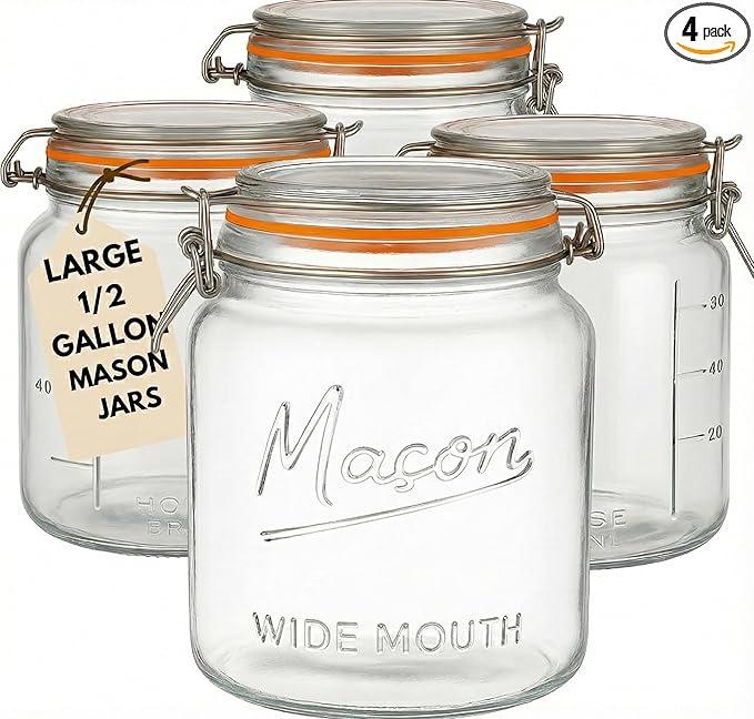 kitchentoolz Large Glass Mason Jars with Airtight Lids  Half Gallon Food Storage & Canning Jars with Measurement Markings  Kitchen Pantry Containers for Flour, Sugar & Dry Goods  64 oz (4pk)
