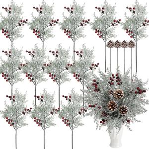 Nagobi 12 Pcs Christmas Snow Frosted Pine Branches, Snowy Artificial Cedar Picks with Red Berries Pine Cones, 18 Realistic Faux Winter Greenery for Vase DIY Garland Wreath Xmas Home Decor (White)