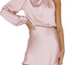 Women's Satin Long Sleeve One Shoulder Mini Dress Silk One Sleeve Turtle Neck Cut Out Cocktail Short Dress for Women, Size XL
