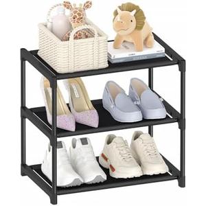 Autonomier 3 Tier Small Shoe Rack, Narrow Stackable Kids Toddler Adult Shoe Storage Organizer Shelf for Closet Floor Front Door Entrance Entryway, Free Standing Shoe Rack Organization Shelves