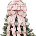 Christmas Tree Topper Bow, Large 13" Large Rose Gold & Pink Ribbon Bow with Ribbons, Christmas Print & Glitter Streamers for Xmas Tree, Long Wired Ribbon, Decoration for Farmhouse Holiday Party
