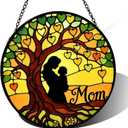 Nacome Tree Stained Glass Window Hanging: Mothers Birthday Day Gifts for Mom Women Grandma - Colorful Sun Catchers Tree of Heart Glass Panel Suncatcher for Indoor Outdoor Decor(6.3in)