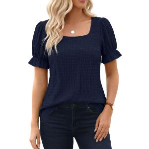 Womens Summer Tops Puff Short Sleeve Cute T Shirts Dressy Casual Square Neck Blouses Clothes (Blue, XL)