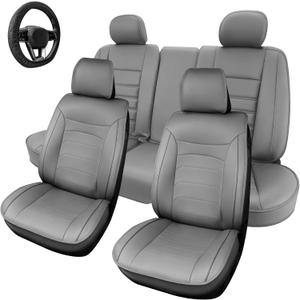 Car Seat Cover with Steering Wheel Cover, Car Seat Covers Full Set Airbag Compatible, Waterproof Leather Seat Covers, Universal Car Seat Covers for Trucks, SUV (Gray)
